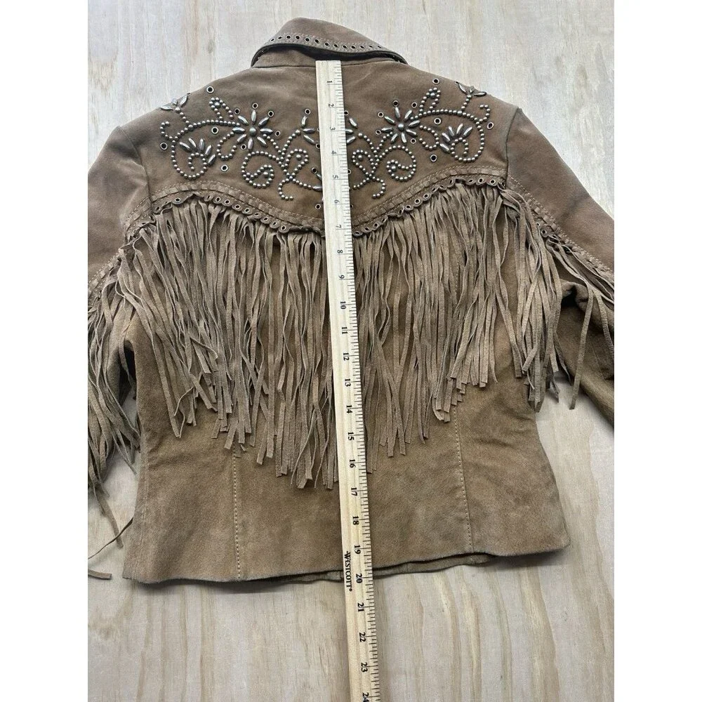 Cripple Creek Black Fringe Leather Suede Western Studded Women's Jacket Rodeo S - Picture 9 of 12
